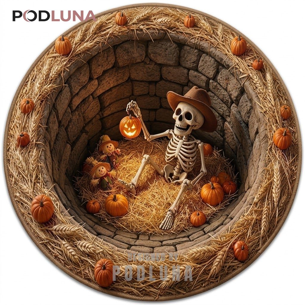 Skeleton Halloween 3D Rug Cowboy Hat Straw Pumpkin Well 1