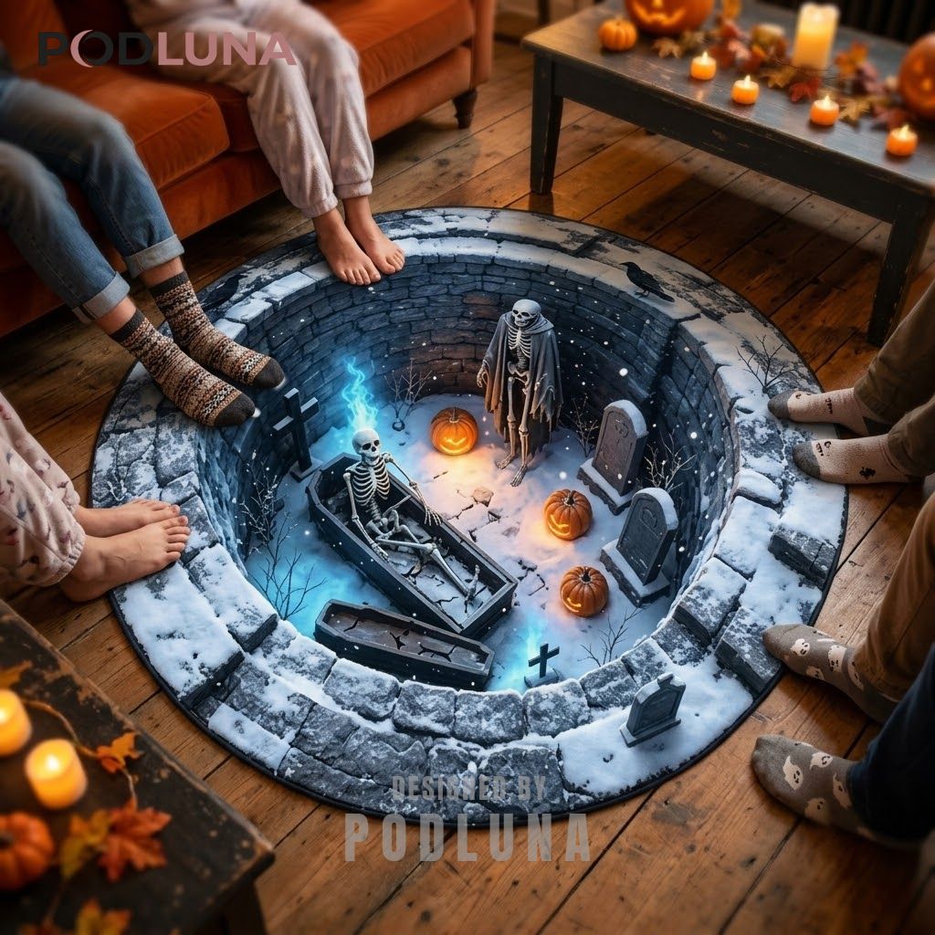 Skeleton Halloween 3D Rug Snowy Coffin Graveyard Well Illusion 2 Skeleton Halloween 3D Rug Snowy Coffin Graveyard Well Illusion 2