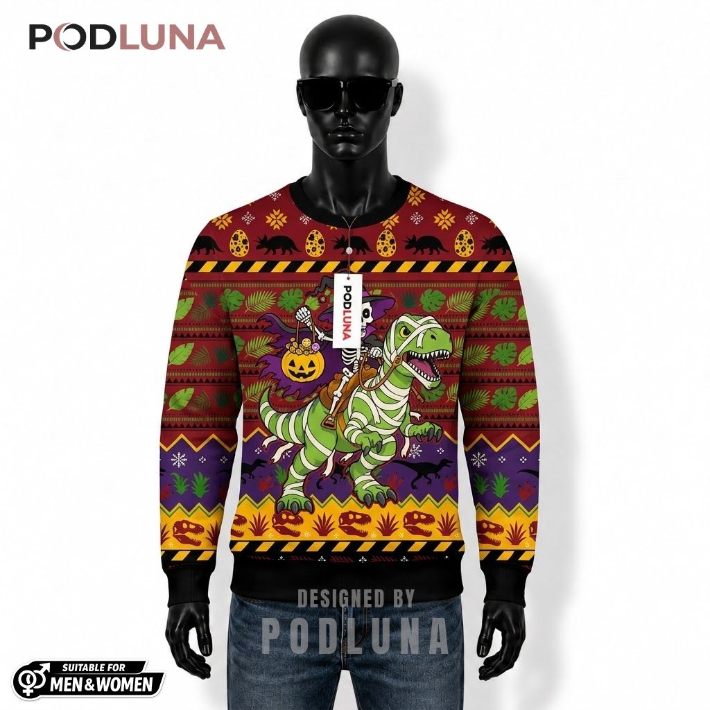Skeleton Halloween Ugly Sweater Riding Mummy T Rex Dinosaur Front