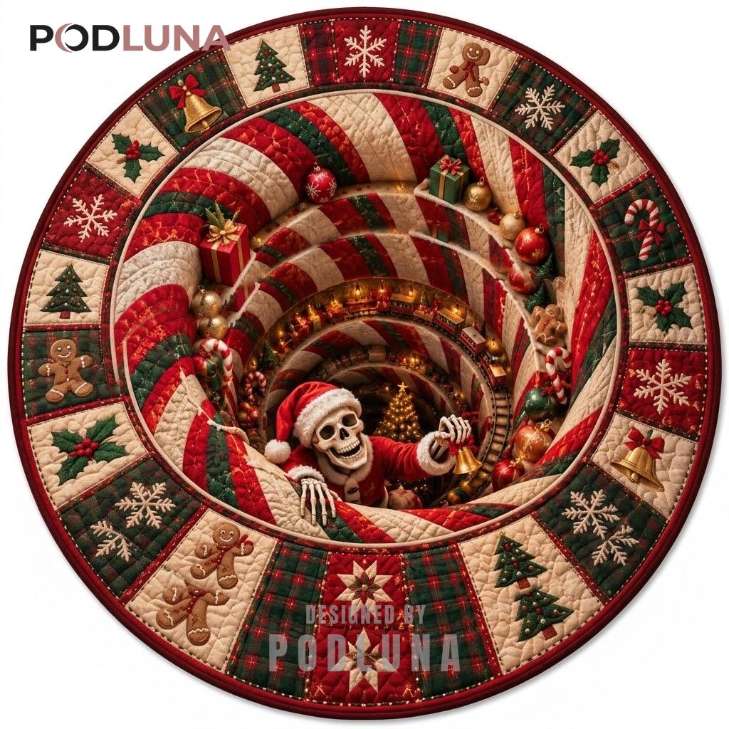 Skeleton Santa 3D Christmas Rug Bell Patchwork Train Vortex