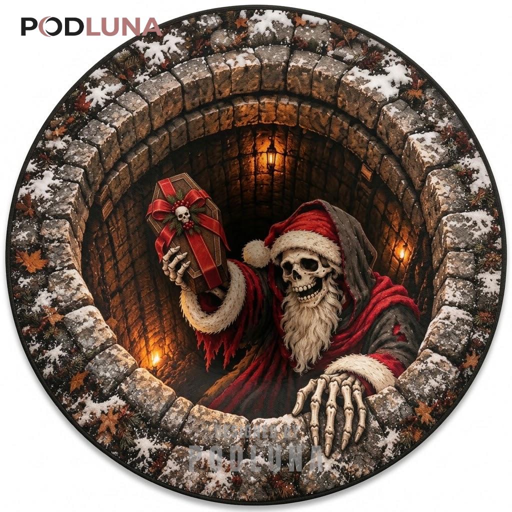 Skeleton Santa 3D Christmas Rug Coffin Gift Stone Well