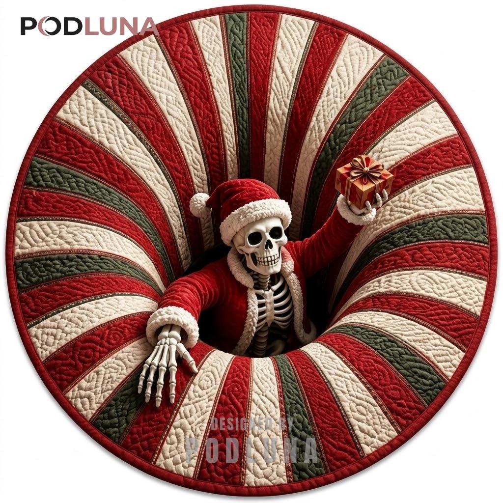 Skeleton Santa 3D Christmas Rug Sunburst Fireplace Scene
