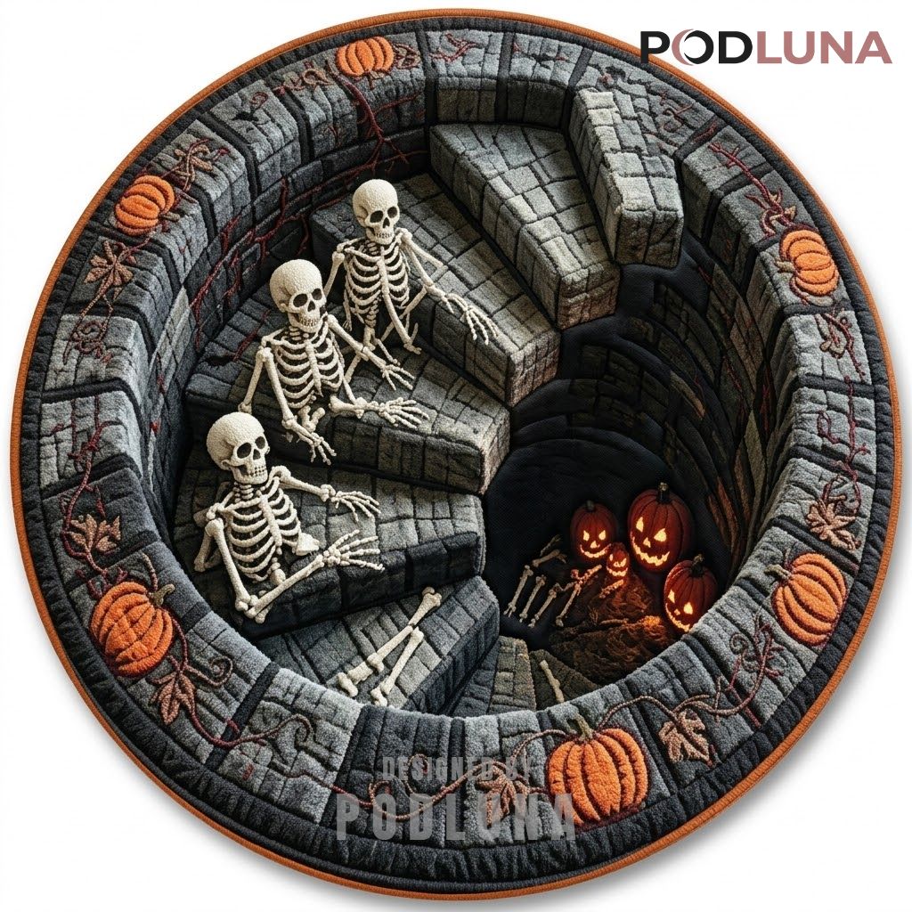Skeleton Trio Halloween 3D Rug Stone Staircase Pumpkin Pit 1