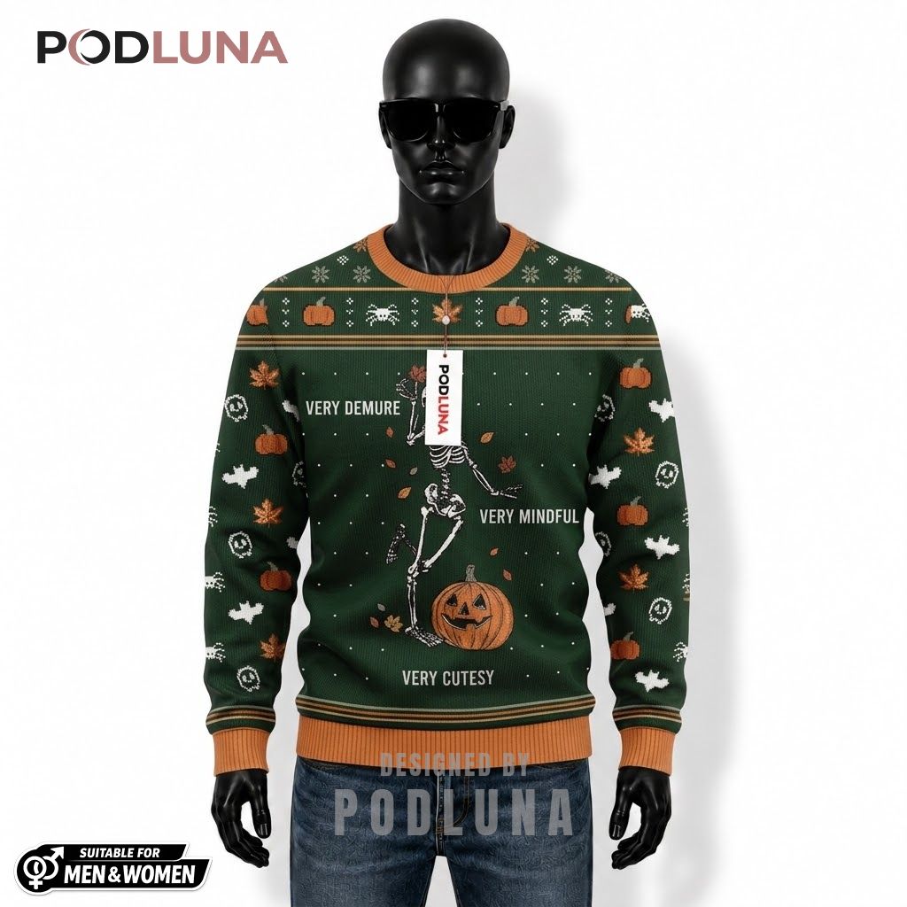 Skeleton Ugly Halloween Sweater Very Demure Mindful Cutesy Front