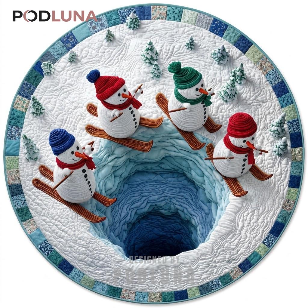 Skiing Snowman 3D Christmas Rug Blue Vortex Patchwork
