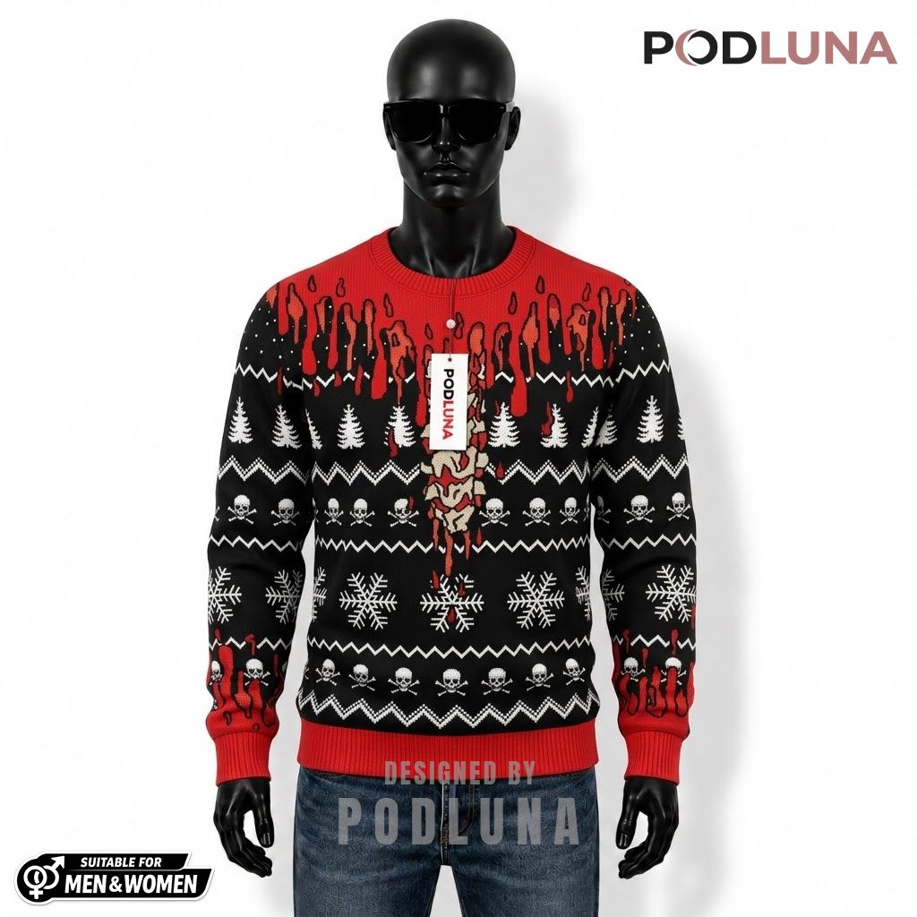Skull Ugly Halloween Sweater Blood Drip Crossbone Print Front