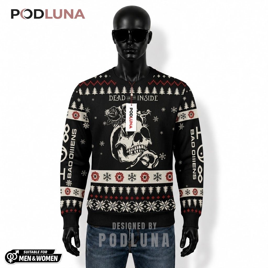 Skull Ugly Halloween Sweater Dead Inside Rose Print Front