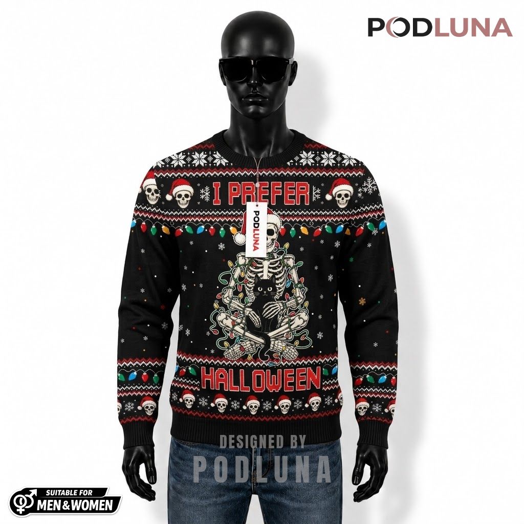 Skull Ugly Halloween Sweater I Prefer Black Cat Lights Front