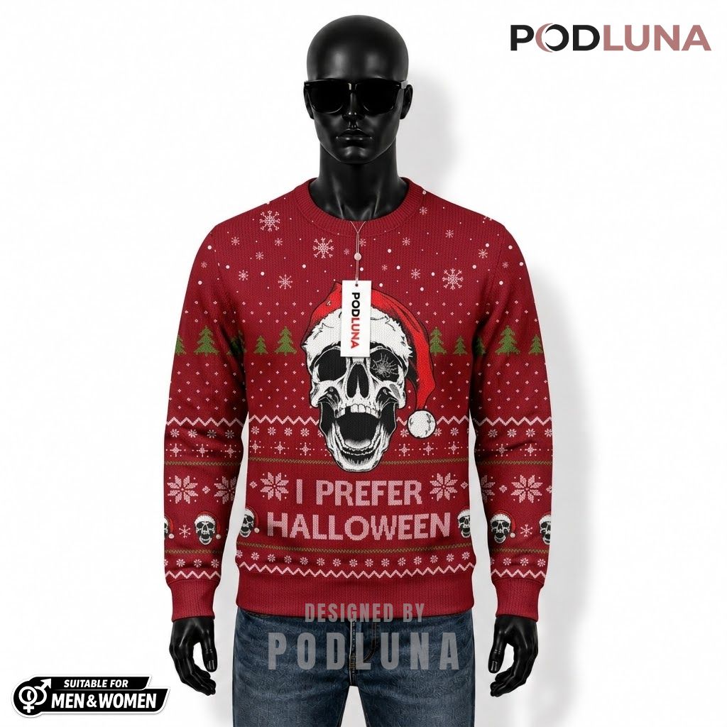 Skull Ugly Halloween Sweater I Prefer Red Santa Hat Front