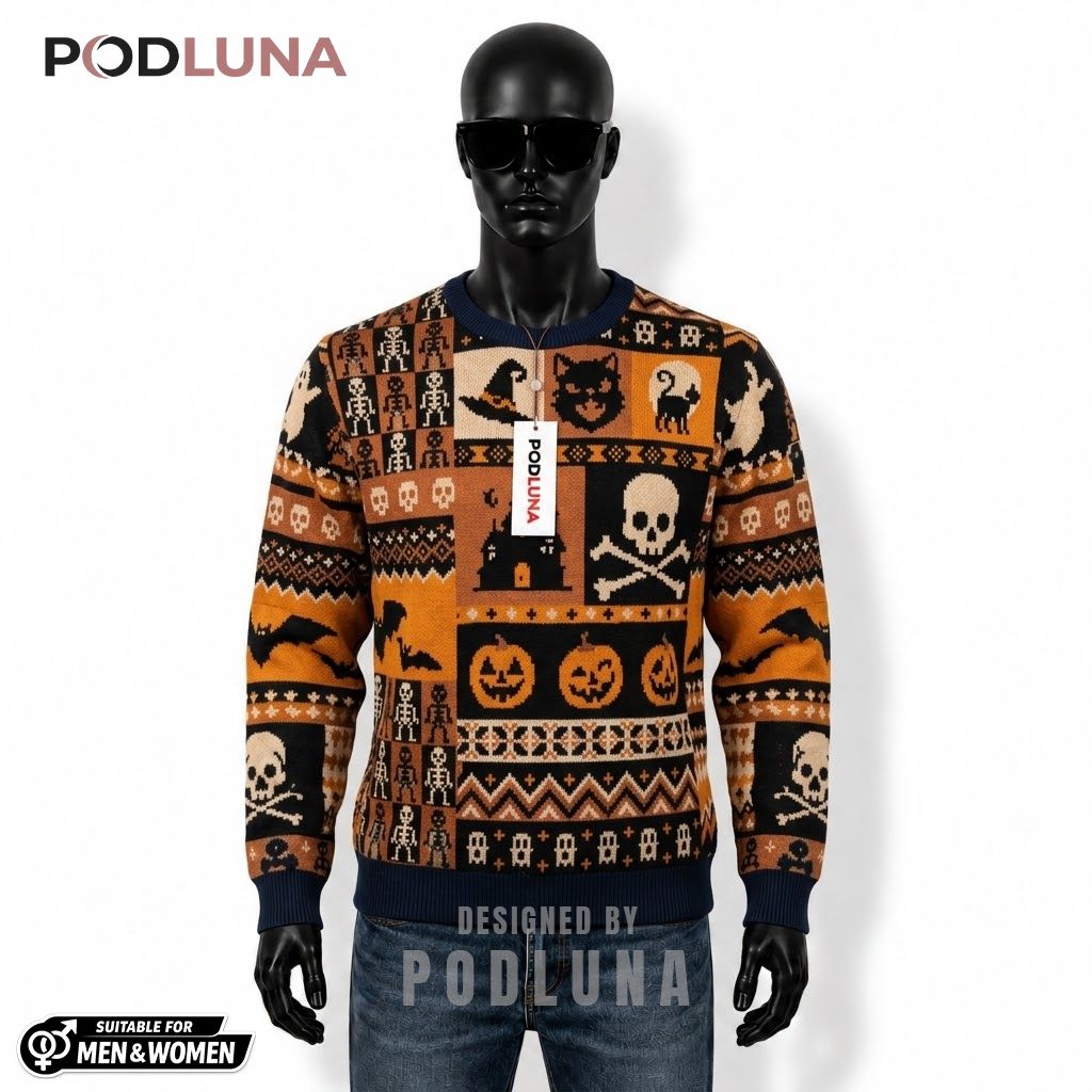 Skull Ugly Halloween Sweater Pumpkin Bat Icon Pattern Front