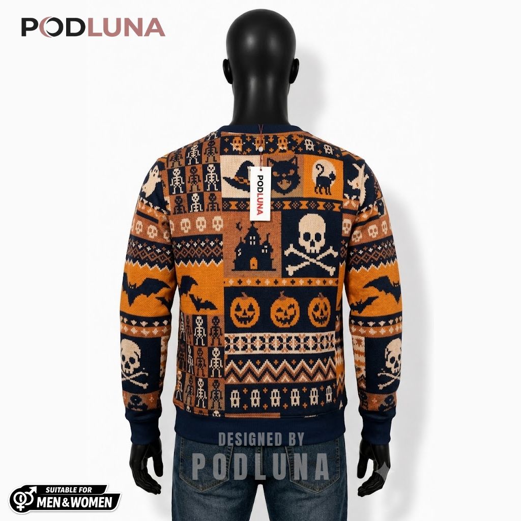 Skull Ugly Halloween Sweater Pumpkin Bat Icon Pattern Back Skull Ugly Halloween Sweater Pumpkin Bat Icon Pattern Back