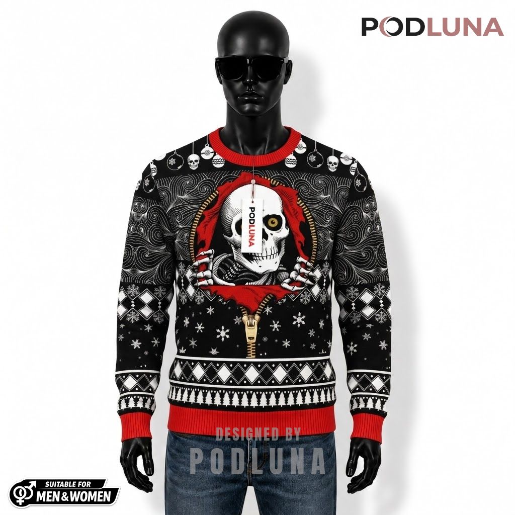 Skull Ugly Halloween Sweater Zipper Reveal Hood Print Front