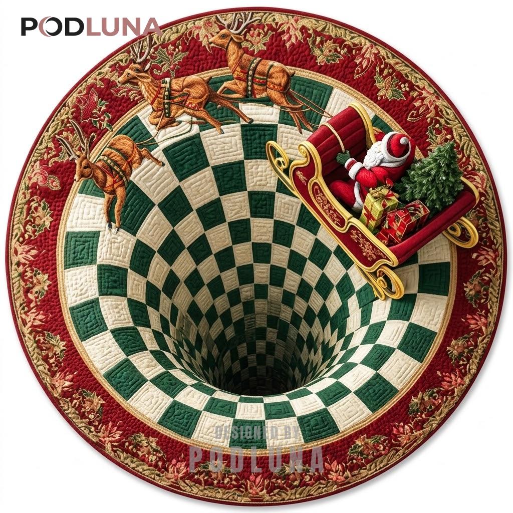 Sleigh 3D Christmas Rug Reindeer Checkered Vortex Fireplace