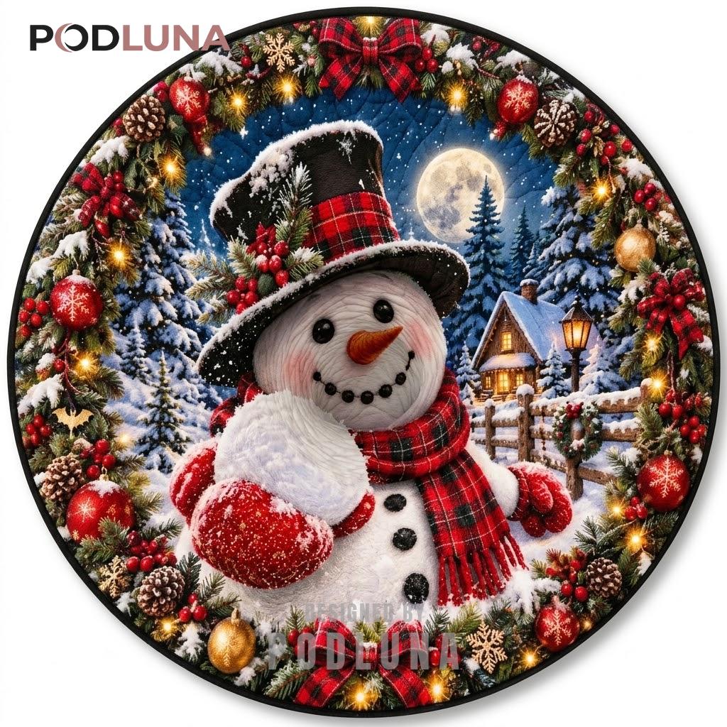 Snowman 3D Christmas Rug Plaid Moonlit Cabin Portrait