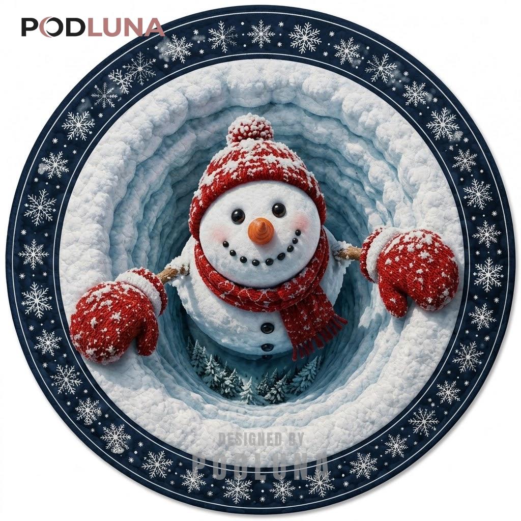 Snowman 3D Christmas Rug Red Mittens Snowflake Vortex