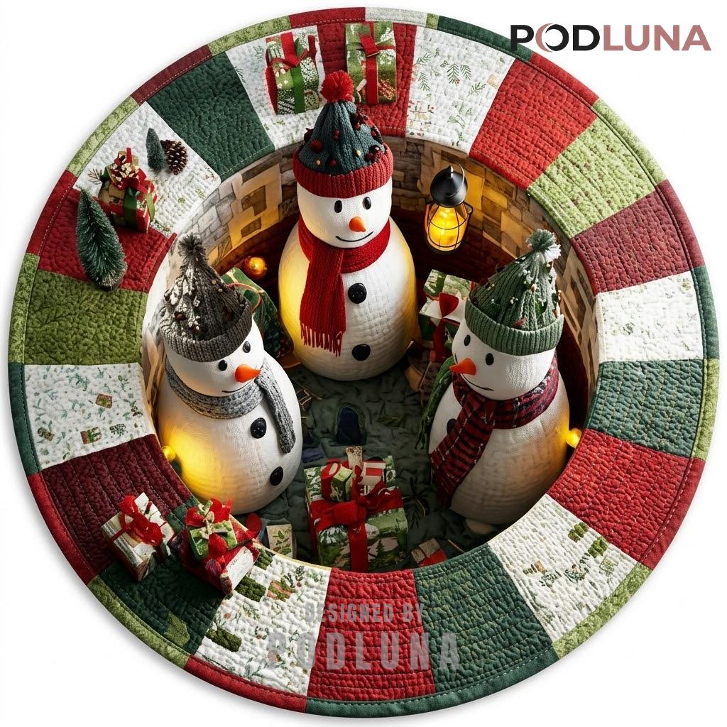Snowman Family 3D Christmas Rug Patchwork Well Pinecone