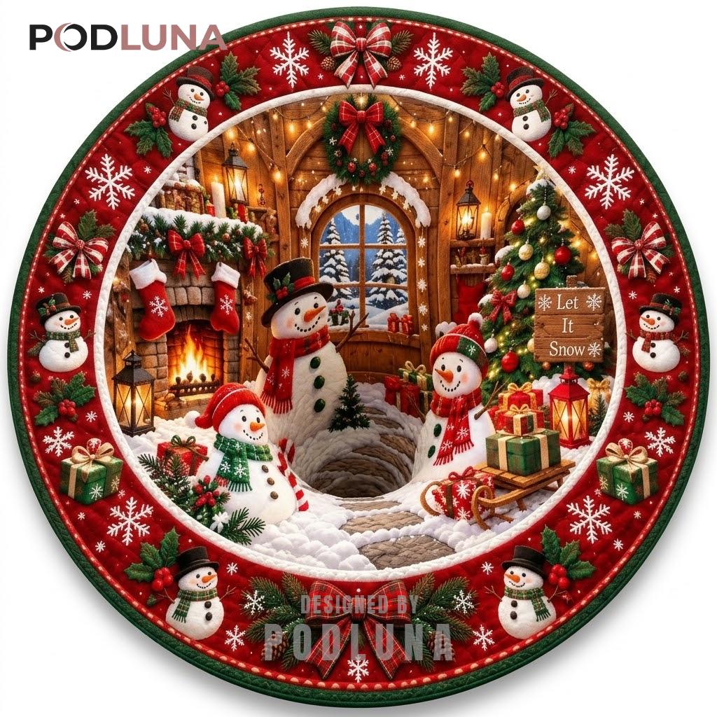 Snowman Trio 3D Christmas Rug Cabin Sled Fireplace