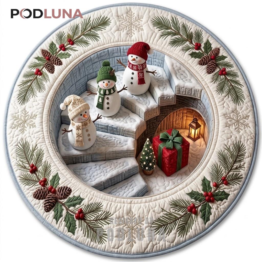 Snowman Trio 3D Christmas Rug Stone Steps Lantern Gift