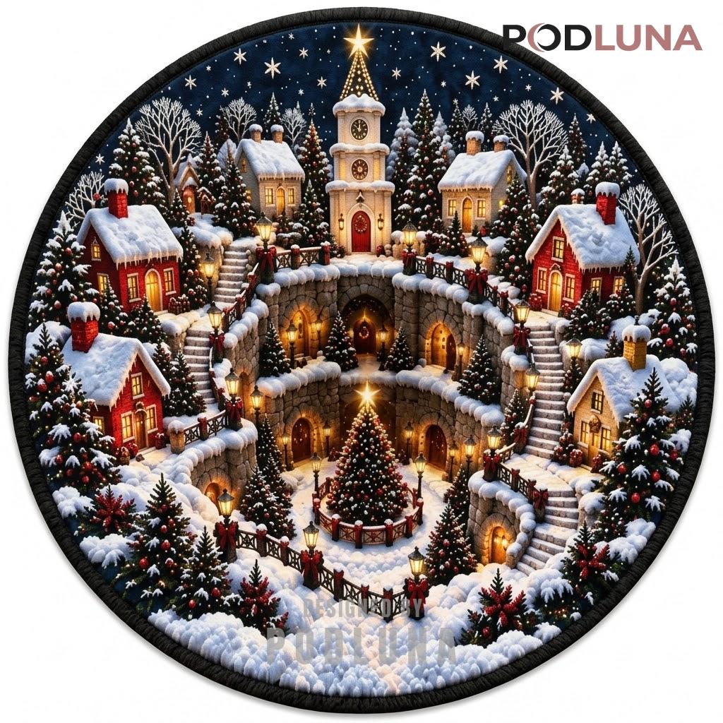 Snowy Village 3D Christmas Rug Clock Tower Stone Stairs