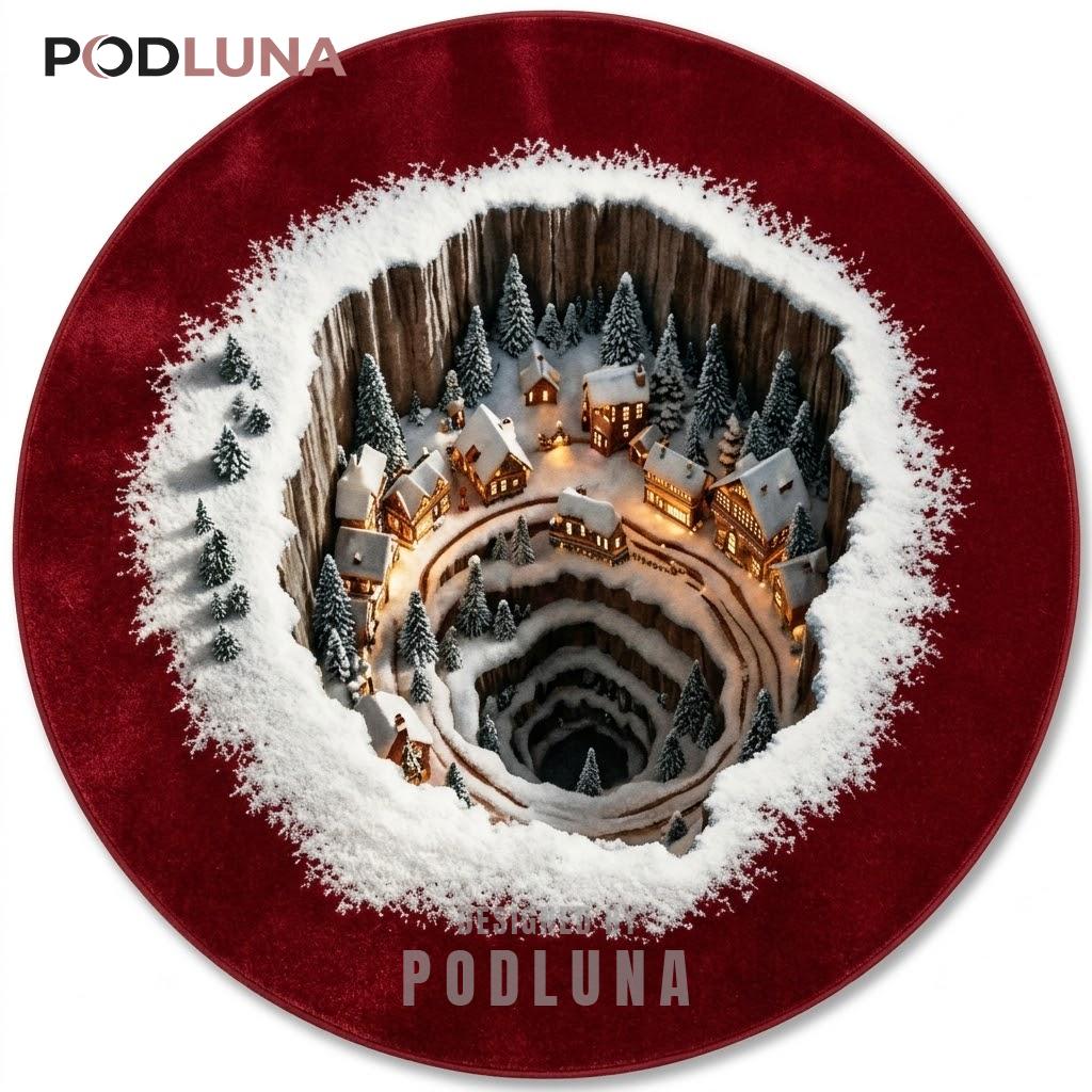 Snowy Village 3D Christmas Rug Red Wood Sinkhole Cabin