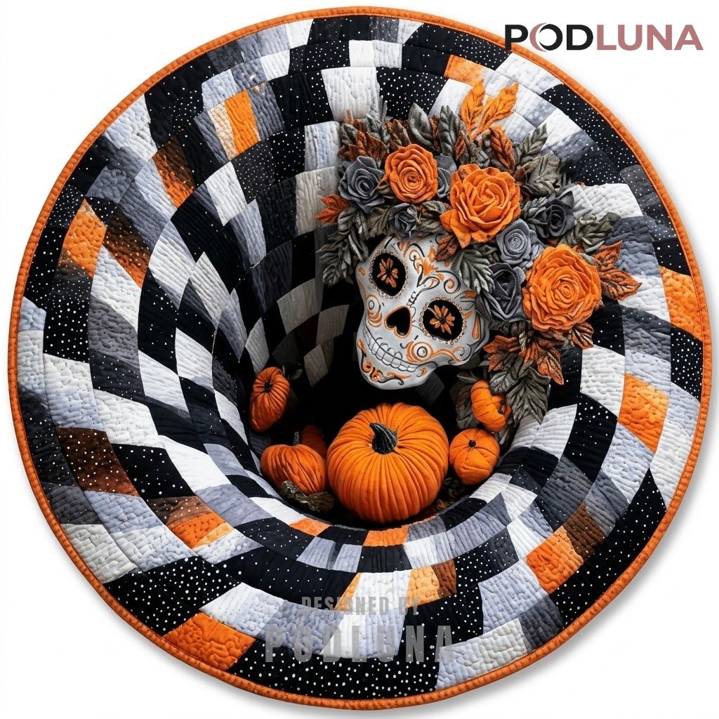 Sugar Skull Halloween 3D Rug Rose Patchwork Pumpkin Vortex 1