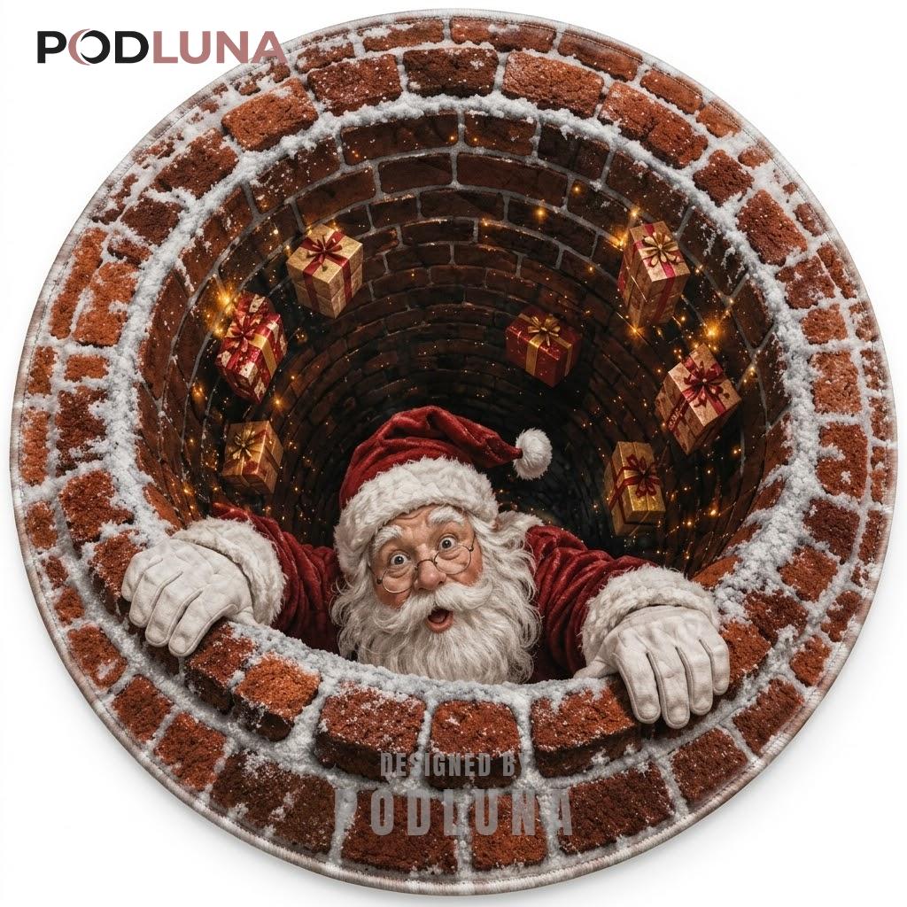 Surprised Santa 3D Christmas Rug Brick Well Floating Gifts