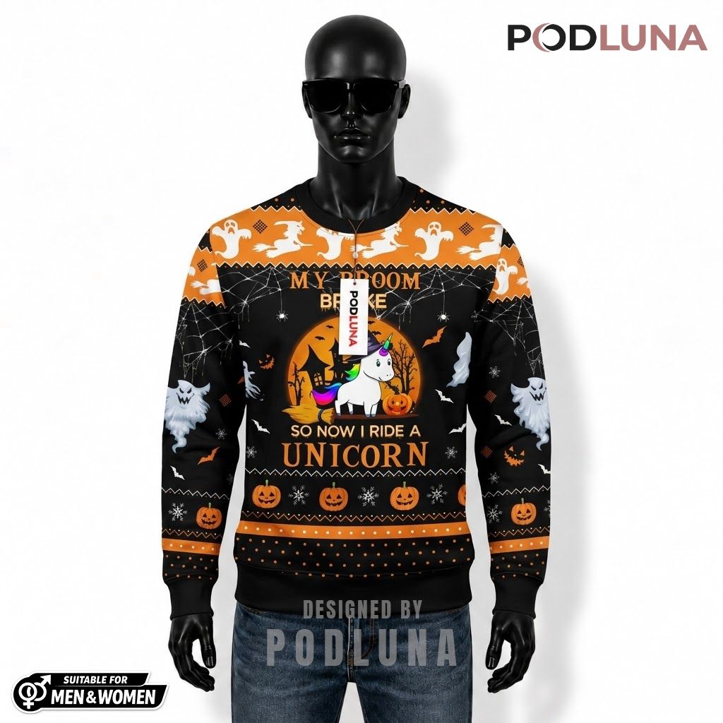 Unicorn Ugly Halloween Sweater Broom Broke Witch Ghost Front