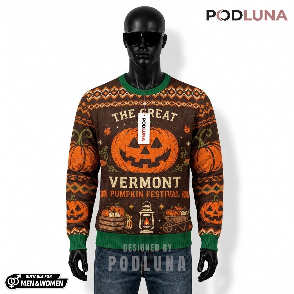 Vermont Ugly Halloween Sweater Pumpkin Festival Farm Print Front