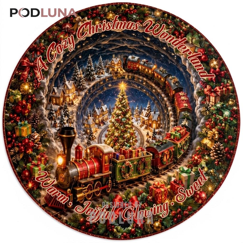 Vintage Train Christmas 3D Rug Night Village Tunnel Wreath