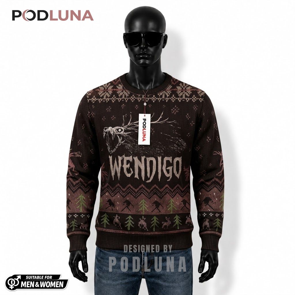 Wendigo Ugly Halloween Sweater Skeletal Creature Forest Print Front