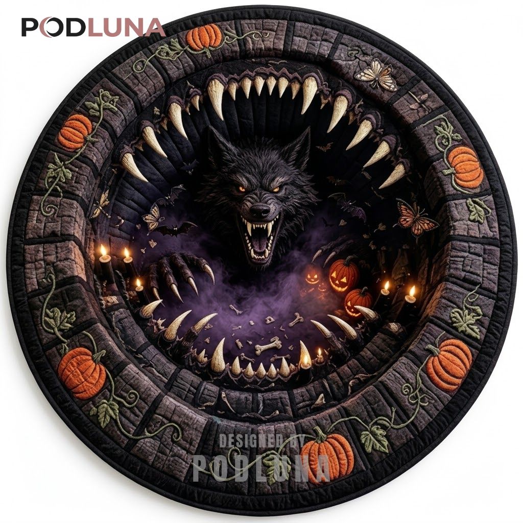 Werewolf Halloween 3D Rug Fang Vortex Pumpkin Stone Border 1