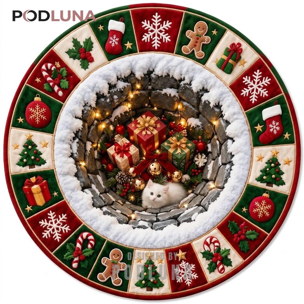 White Cat 3D Christmas Rug Trio Gingerbread Stone Patchwork
