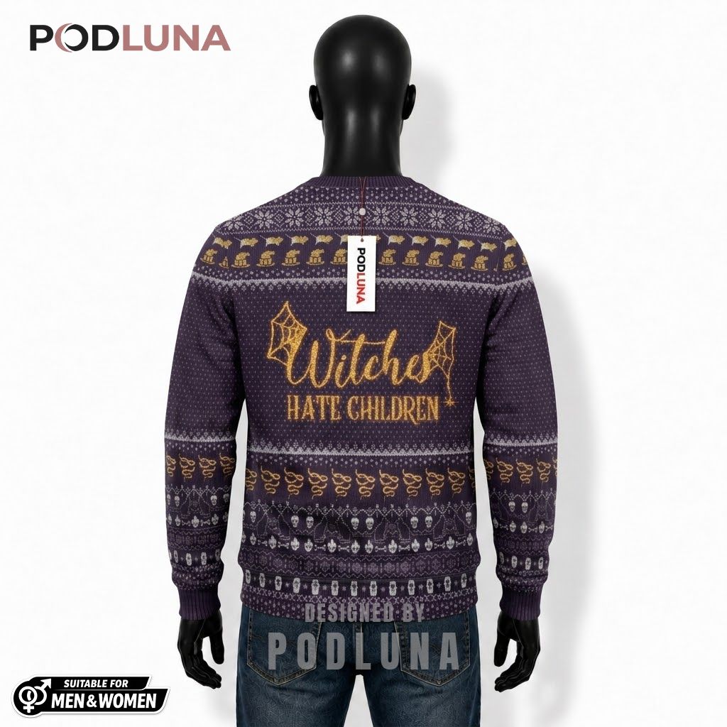 Witches Ugly Halloween Sweater Hate Children Purple Gold Back Witches Ugly Halloween Sweater Hate Children Purple Gold Back