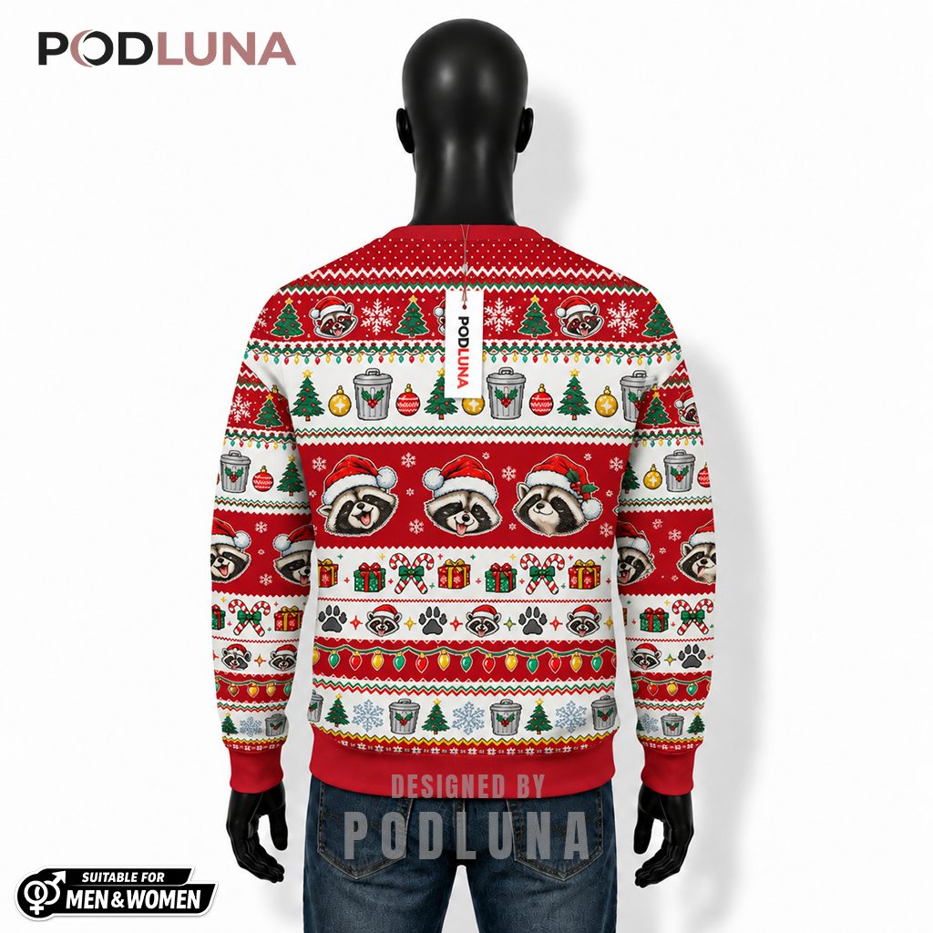 Feral And Festive Ugly Christmas Sweater Funny Raccoon Trash Can Santa Hat Back Feral And Festive Ugly Christmas Sweater Funny Raccoon Trash Can Santa Hat Back