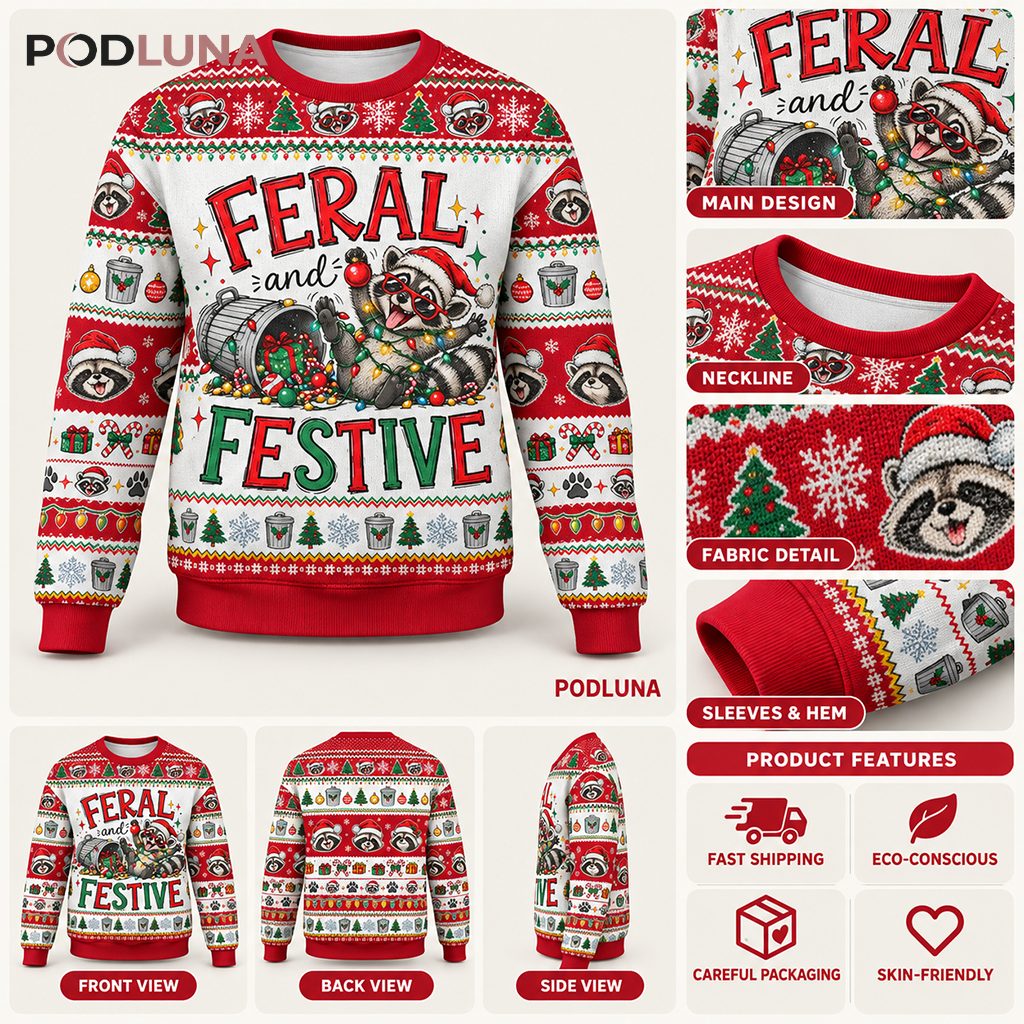 Feral And Festive Ugly Christmas Sweater Funny Raccoon Trash Can Santa Hat Version 4 Feral And Festive Ugly Christmas Sweater Funny Raccoon Trash Can Santa Hat Version 4