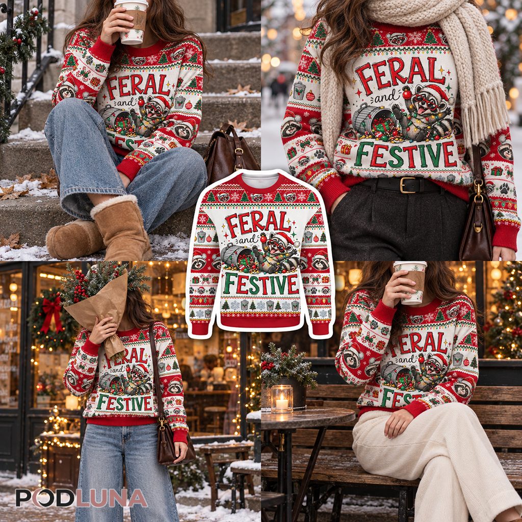 Feral And Festive Ugly Christmas Sweater Funny Raccoon Trash Can Santa Hat Version 3 Feral And Festive Ugly Christmas Sweater Funny Raccoon Trash Can Santa Hat Version 3