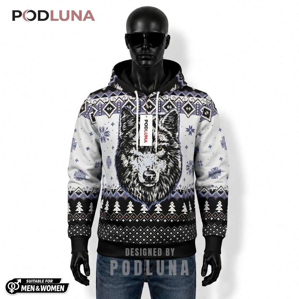 Animal Pattern Wolf Head Ugly Christmas 3D Hoodie 1