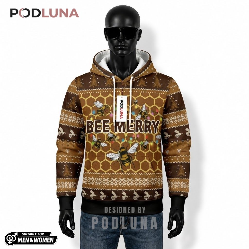 Bee Merry Holiday Lights Funny Ugly Christmas 3D Hoodie 1