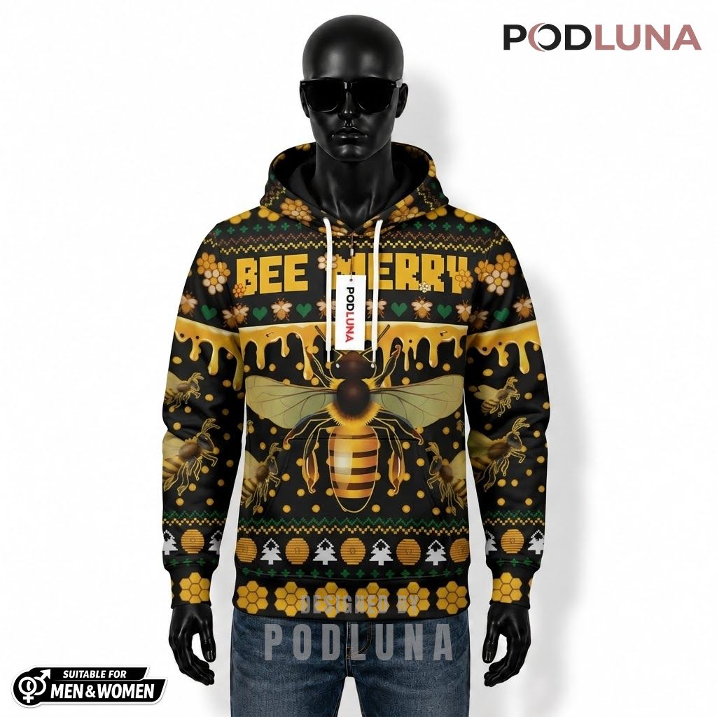 Bee Merry Honey Drip Bumblebee Ugly Christmas 3D Hoodie 1