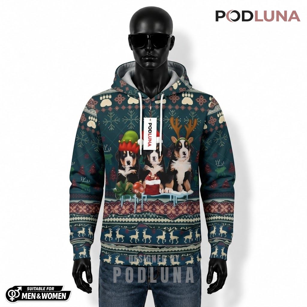 Bernese Mountain Dog Reindeer Ugly Christmas 3D Hoodie 1