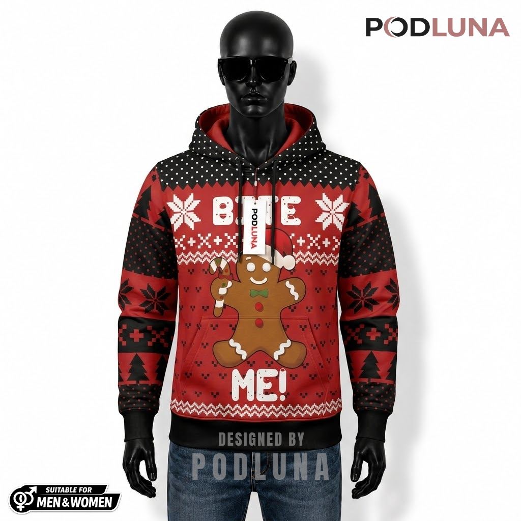 Bite Me Holiday Apparel Gingerbread Man Ugly Christmas 3D Hoodie 1