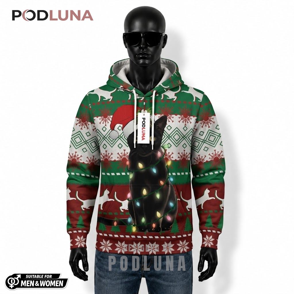 Black Cat Christmas Lights Ugly Christmas 3D Hoodie 1