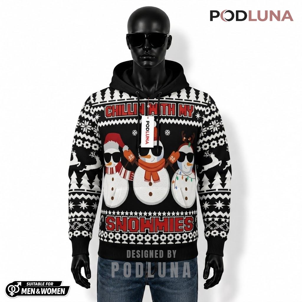 Black White Snowmies Snowman Ugly Christmas 3D Hoodie 1