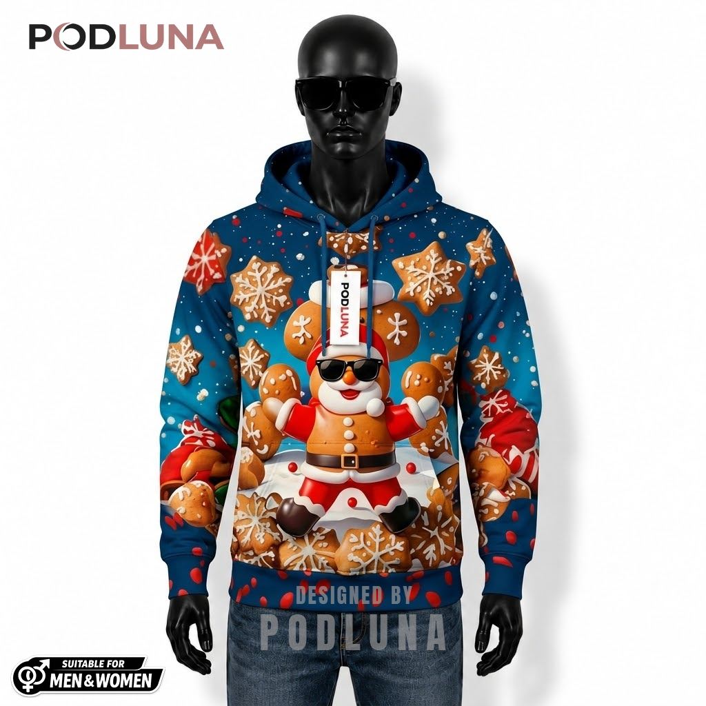 Blue Gingerbread Man 3D Print Christmas Hoodie 1