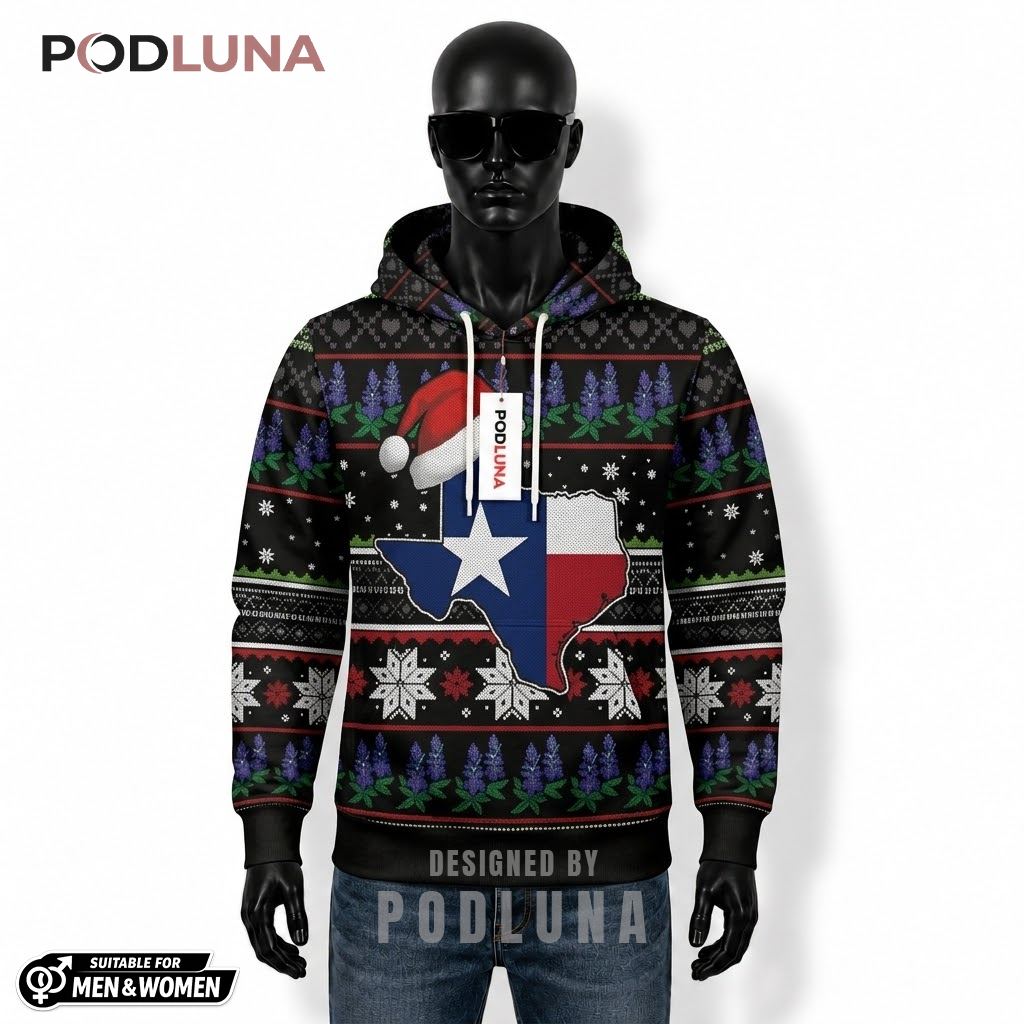 Bluebonnet Santa Hat Pattern Texas Flag Ugly Christmas 3D Hoodie 1