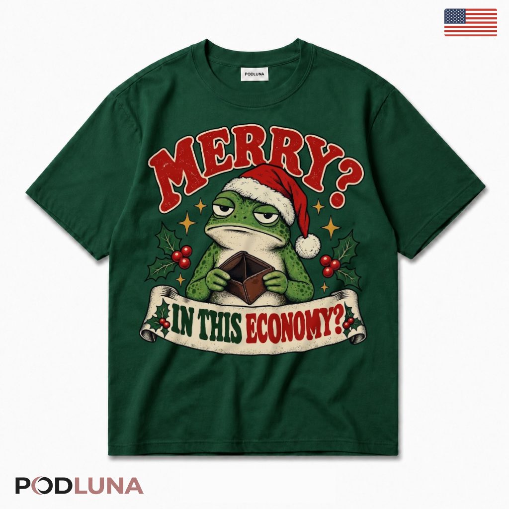 Broke Frog Christmas T-Shirt Empty Wallet Economy Merry Holly Scroll Banner Funny