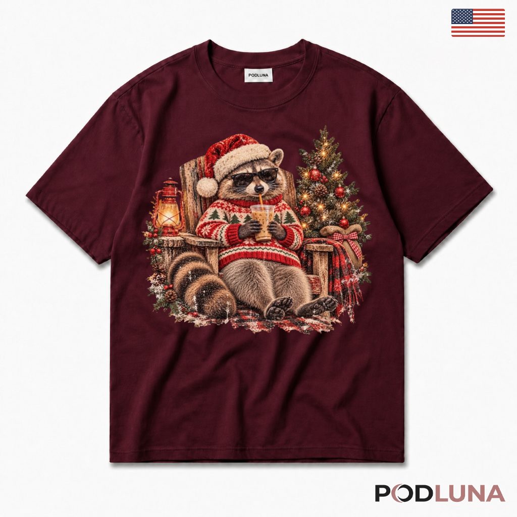 Christmas Raccoon Iced Coffee Sunglasses Santa Hat Sweater T-Shirt