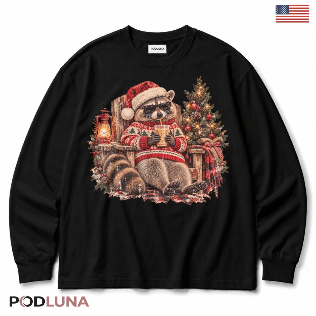 Christmas Raccoon Iced Coffee Sunglasses Santa Hat Sweater Long Sleeve Christmas Raccoon Iced Coffee Sunglasses Santa Hat Sweater Long Sleeve