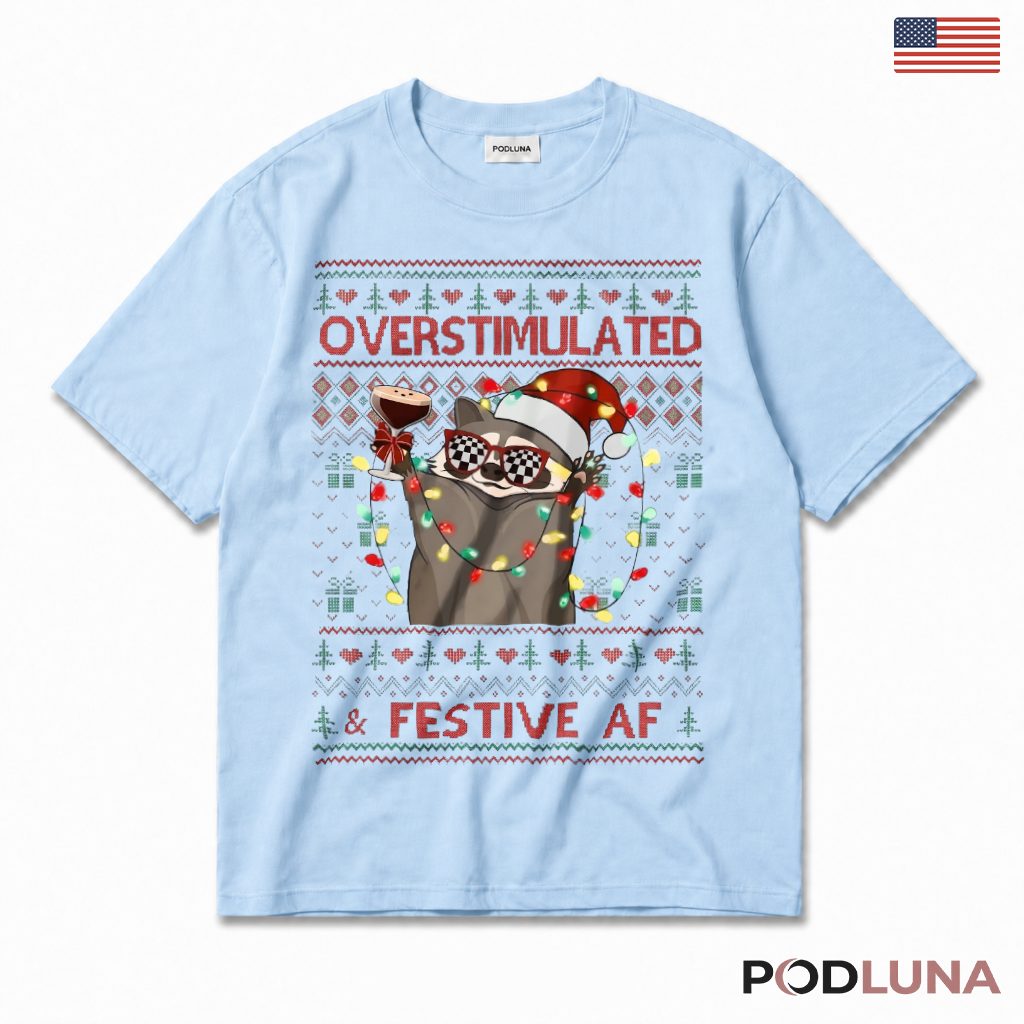 Christmas Raccoon Ugly Sweater Espresso Martini Christmas Lights T-Shirt