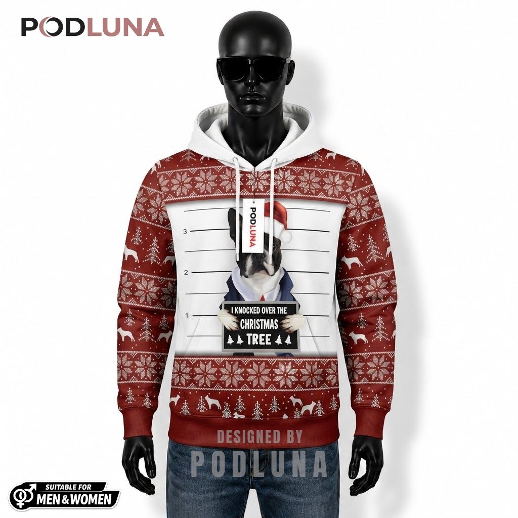 Dog Mugshot Pun Boston Terrier Funny Ugly Christmas 3D Hoodie 1